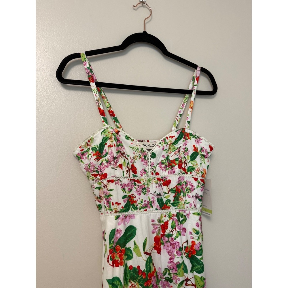 Taylor Women Floral Cherry Print Midi Dress White Red Sweetheart Neck Pockets - Picture 4 of 16